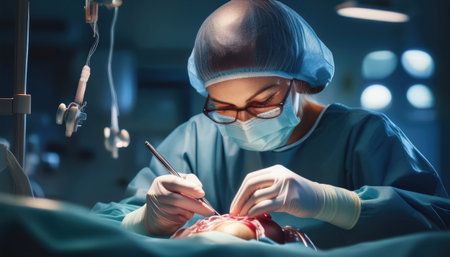 Dedicated surgeon conducts intricate surgery in a bustling hospital environment.の素材