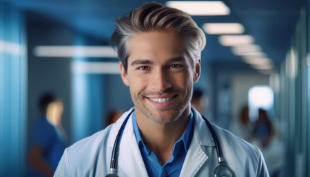 A dedicated emergency medicine professional engages warmly in the hospital setting.の素材