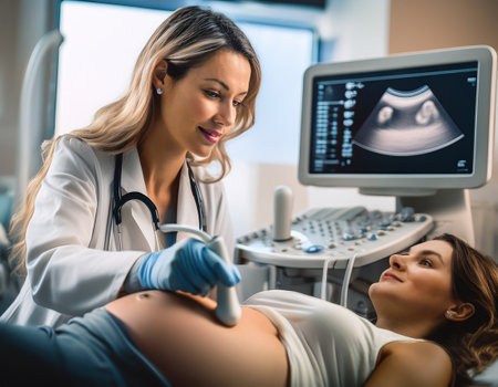 A healthcare expert performs an ultrasound on a pregnant woman in a modern hospital room.の素材