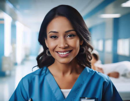 A healthcare worker in scrubs smiles warmly in a busy emergency room, showing dedication.の素材