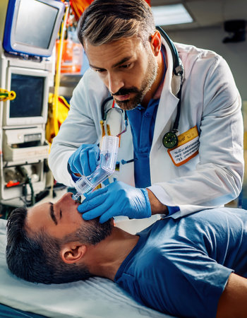 Doctor performs emergency care on a patient using a medical device in a busy emergency room.の素材