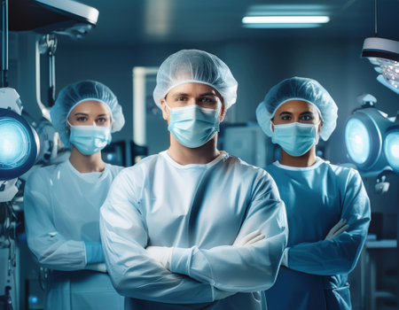 Three medical staff stand confidently in an emergency setting, ready for action.の素材