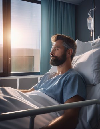 Man in hospital bed gazes thoughtfully out window as morning light fills the room with warmth.の素材