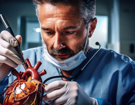 doctor focuses intently while examining heart model in emergency care unit.の素材