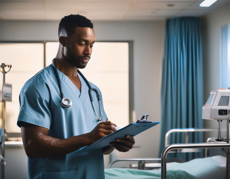 A healthcare pro reviews notes by a hospital bed in the emergency room.の素材