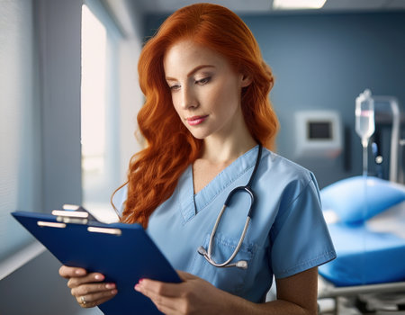 A dedicated healthcare worker is carefully examining patient records in an emergency room.の素材