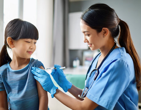 Caring healthcare worker vaccinates young girl in hospital emergency department during daytime.の素材