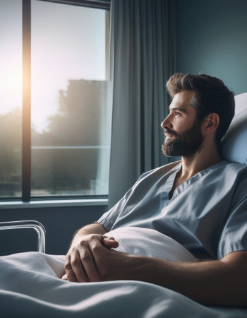 Individual sits contemplatively in a hospital bed, gazing at sunlight through the window.の素材