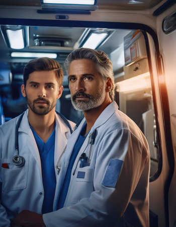 Two doctors prepare to assist patients urgently in an ambulance at night.の素材