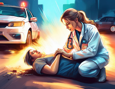 A healthcare worker saves a critically ill patient outdoors in a busy urban area.の素材