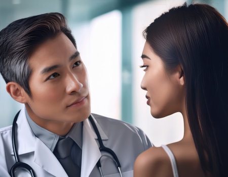 A doctor listens attentively to a patients concerns in a modern emergency medical facility.の素材