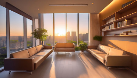 Patients and visitors wait in a contemporary emergency room with soothing design and sunset light.の素材