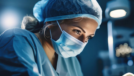 A dedicated surgeon focuses intently on a key patient case in the ER.の素材