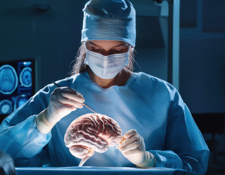A skilled surgeon performs delicate brain surgery amid advanced medical equipment.の素材