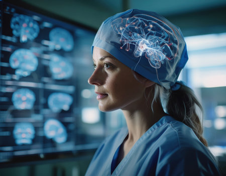 Healthcare expert focuses on advanced brain imaging for emergency medical care in a hospital.の素材