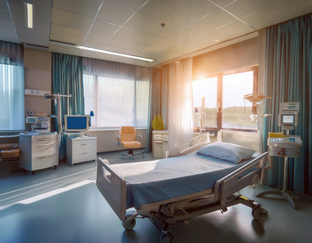 Soft light filters through curtains in a hospital room equipped for emergency medicine care.の素材
