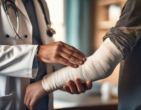 A healthcare provider carefully examines a patients bandaged arm in an emergency room.の素材