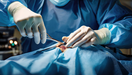 A doctor skillfully performs a crucial surgery in the chaos of emergency care.の素材