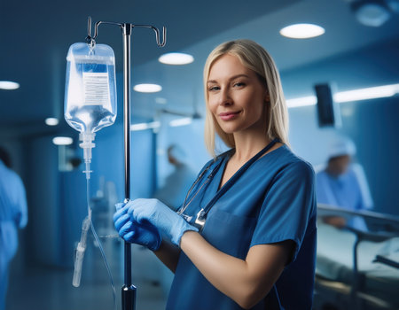 A dedicated staff member adjusts an IV drip in a hospital emergency department.の素材