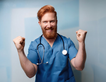 A cheerful doctor celebrates a successful ER shift, radiating positivity.の素材