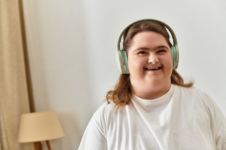 A young woman at home in comfy attire, headphones on, radiating joy and confidence.のeditorial素材