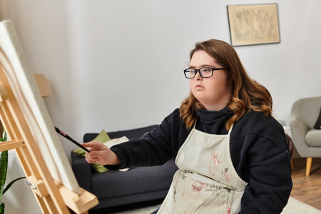 A young woman with Down syndrome explores her creativity while painting at home in a cozy setting.のeditorial素材