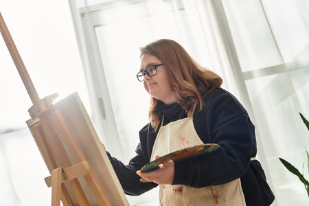 A young woman with Down syndrome joyfully paints on canvas at home, embracing her creativity.のeditorial素材