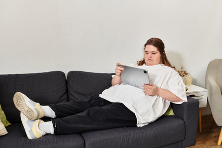 A young woman with Down syndrome lounges comfortably on a couch at home, focused on her tablet.のeditorial素材