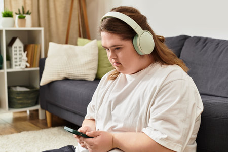 A young woman in a cozy space uses her phone and listens to music with headphones.のeditorial素材