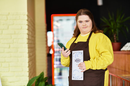 A confident young woman with Down syndrome stands holding a menu in a cozy cafe.のeditorial素材