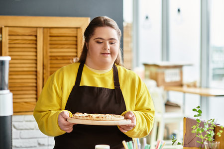 A young woman with Down syndrome stands proudly in a cafe, showcasing pastries with a smile.