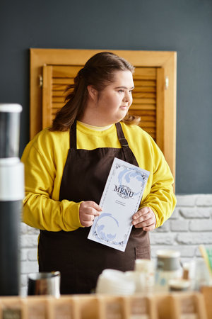 In a vibrant cafe, a young woman with Down syndrome proudly showcases the menu while smiling.のeditorial素材