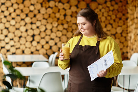 Young woman with Down syndrome stands in a cafe holding a drink and a menu, exuding strength.のeditorial素材
