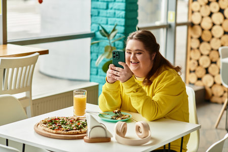 In a lively cafe, a confident young woman with Down syndrome enjoys her meal while using her phone.のeditorial素材