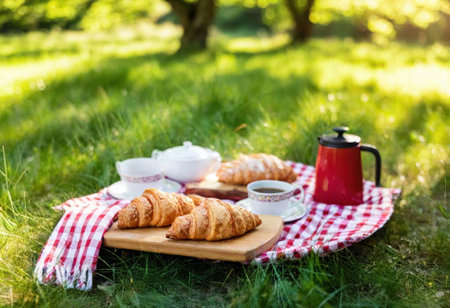 Delicious pastries and coffee arranged elegantly on a picnic blanket under the warm sunの素材