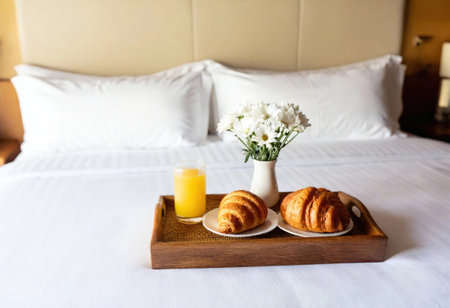 A beautifully arranged breakfast with croissants, juice, and flowers creating a warm atmosphere.の素材