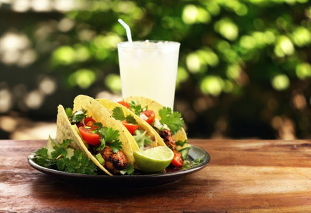 Colorful tacos with fresh toppings and a chilled drink are perfect for gatherings.の素材