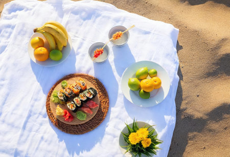 A festive table spread with colorful fruits and sushi delights under the sun at the beach.の素材