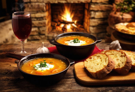 Several delicious dishes are arranged on a festive table, complemented by a warm fire and drinks.の素材