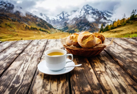 Enjoying tea and fresh bread with mountain views on a tranquil morning.の素材