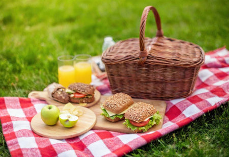 Enjoying a vibrant picnic with tasty sandwiches, fresh fruits, and chilled beverages on lush grass.の素材