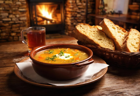 Warm soup and fresh bread by a crackling fire create a cozy and comforting atmosphere.の素材