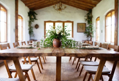 A long wooden table with fresh flowers and plates invites guests to celebrate.の素材