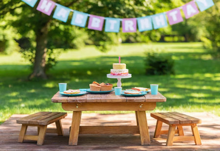 Delight in an array of mouthwatering dishes adorned on a charming wooden table in nature.の素材