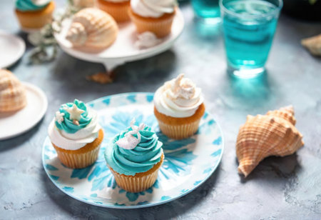 Festive table with colorful ocean themed cupcakes and refreshing drinks for a gathering.の素材