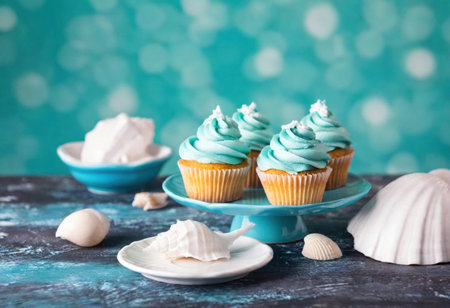 Festive table adorned with mouthwatering turquoise cupcakes and elegant seashell accents.の素材