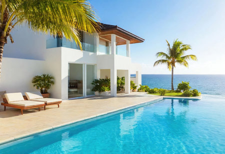 Elegant villa overlooking the ocean features a refreshing pool and palm trees under clear skies.の素材