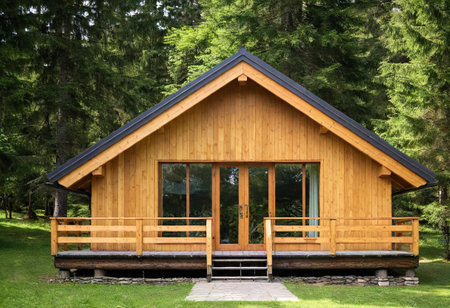 A charming wooden cabin stands surrounded by vibrant trees, inviting relaxation and peace.の素材