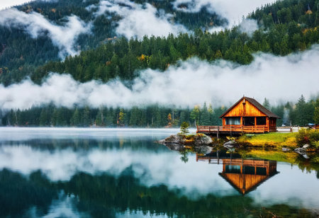 A cozy wooden cabin sits by a serene lake, shrouded in morning mist.の素材