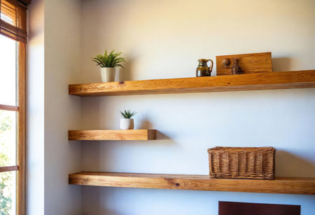 wooden shelves displaying plants and green plants iの素材